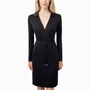 Vertigo Black Wrap Dress Wrinkle Free V-Neck Long Sleeve Knee Minimalist Size M